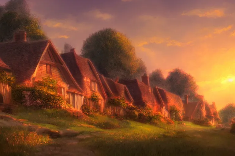 Image similar to sunset over the cottages in the shire, ghibli, artstation, award wining, rutkowski, shinkai