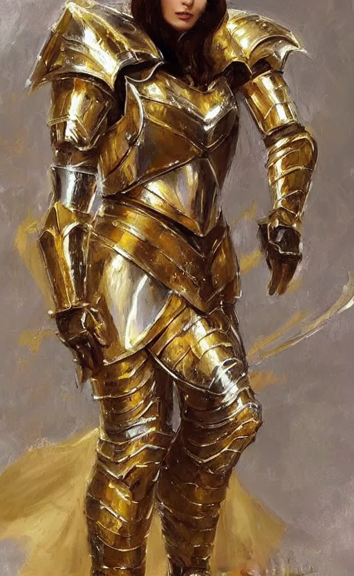 Image similar to Elegant laidy in gold and silver knight armor. By Konstantin Razumov, highly detailded