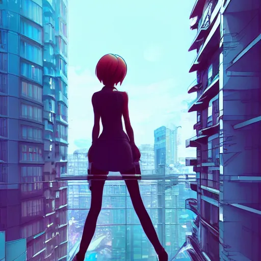 Prompt: a girl stands on top of a multi-storey building, anime style, 4k, cyberpunk city in the background, HD, artstation, very detailed, by Ilya Kuvshinov