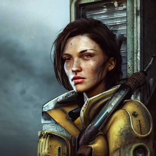 Prompt: fallout 5, charismatic beautiful rugged brunette female protagonist, portrait, outdoors in front of the entrance to vault 1 5 6, atmospheric lighting, painted, intricate, volumetric lighting, beautiful, daytime, sunny weather, slight overcast, sharp focus, deep colours, ultra detailed, by leesha hannigan, ross tran, thierry doizon, kai carpenter, ignacio fernandez rios