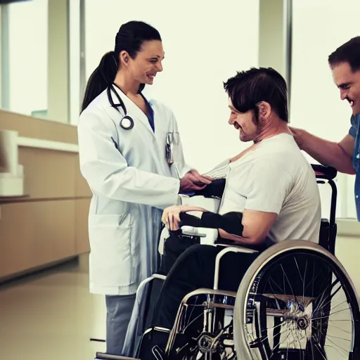 Image similar to a male patient in a wheelchair in the hospital with his wife and son standing by. happy, cheerful, intricate, sharp focus, artstation, cinematic, 8 k, by helen bouchard