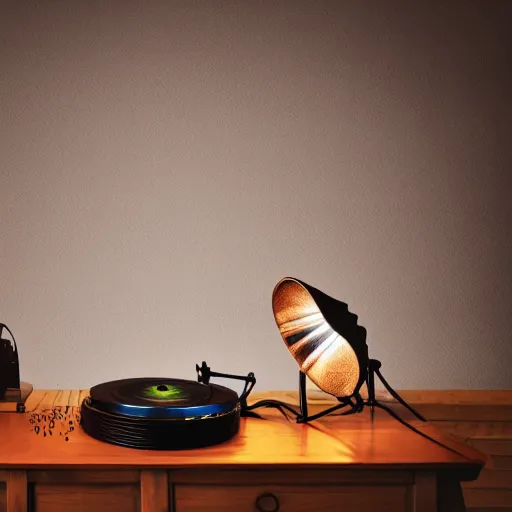 Prompt: highly detailed image of a room with a spotlight illuminating a phonograph on a wooden table