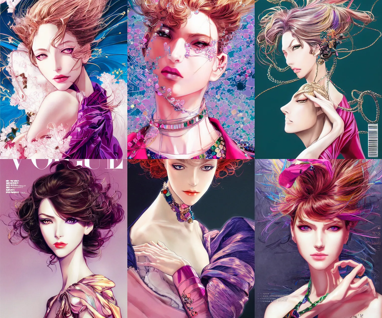 Prompt: portrait of a woman, beautiful, elegant, fashion, colorful, artstation, trending, highly detailed, focus, smooth, fashion magazine cover, vogue, posing, by hirohiko araki and yoshitaka amano