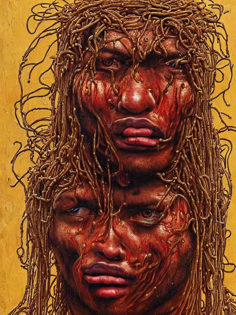 Image similar to virgil van dijk made of spaghetti, by giuseppe arcimboldo and ambrosius benson, renaissance, intricate and intense oil paint, a touch of beksinski and hr giger and edward munch, realistic