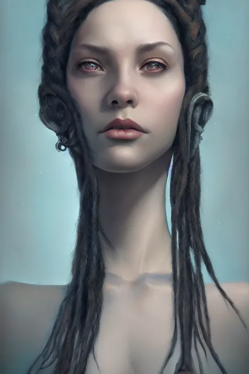 Prompt: portrait of a goddess woman with long floating dreads, straight on portrait, by artgerm, james jean, tom bagshaw, gerald brom, 4 k, smooth, hd, substance designer render, full body character concept art, symmetrical,