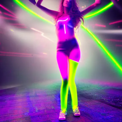 Image similar to full body pose, hyperrealistic photograph of a beautiful rave woman, glowsticks, dim volumetric lighting, 8 k, octane beautifully detailed render, extremely hyper detailed, intricate, epic composition, cinematic lighting, masterpiece, trending on artstation, very very detailed, stunning, hdr, smooth, sharp focus, high resolution, award, winning photo, dslr, 5 0 mm