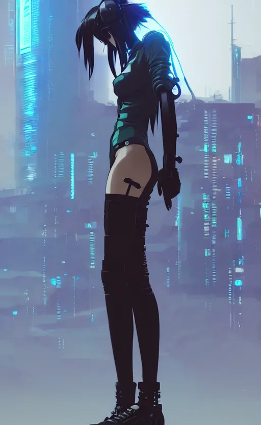 Prompt: cyberpunk anime girl mech standing wall, cyberpunk accessory, side view, 3 / 4 shot, street night, beautiful face, grafity, arcane, detail, good face, pose model, concept art, in style of yoji shinkawa, pan ren wei, col price, atey ghailan, by greg rutkowski, aesthetic, digital painting, 3 d