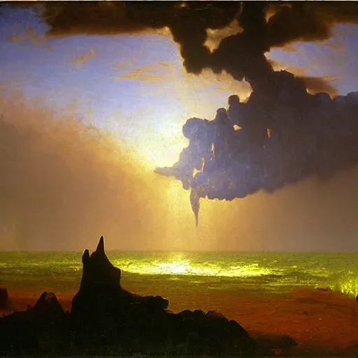 Image similar to Oil split in two, heaven and hell, by Albert Bierstadt, masterpiece, 4k