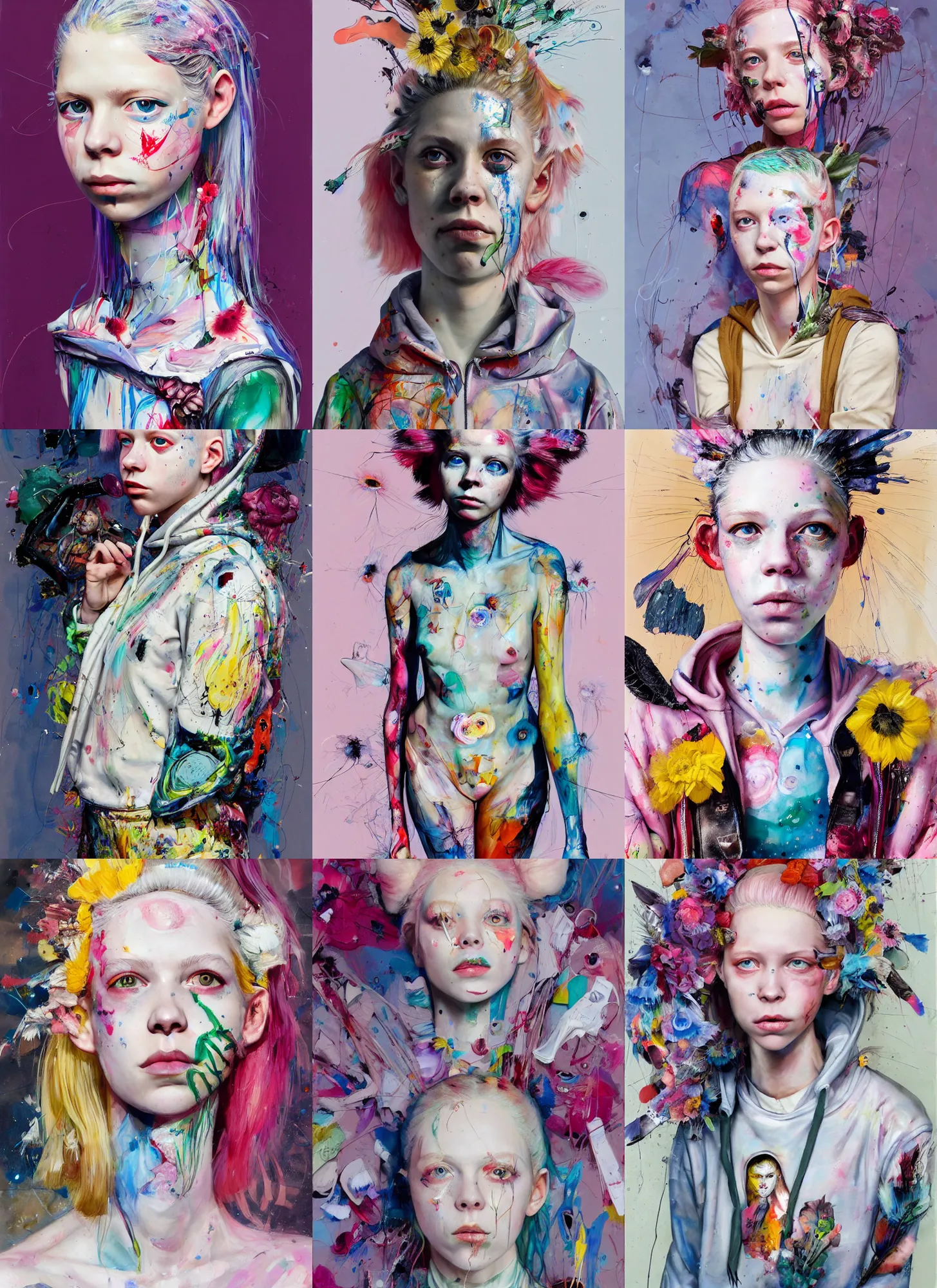 Prompt: hunter schafer in the style of martine johanna and! jenny saville!, wearing a hoodie, standing in a township street, street fashion outfit, haute couture fashion shoot, mascara, full figure painting by john berkey, david choe, ismail inceoglu, decorative flowers, 2 4 mm, die antwoord ( yolandi visser )