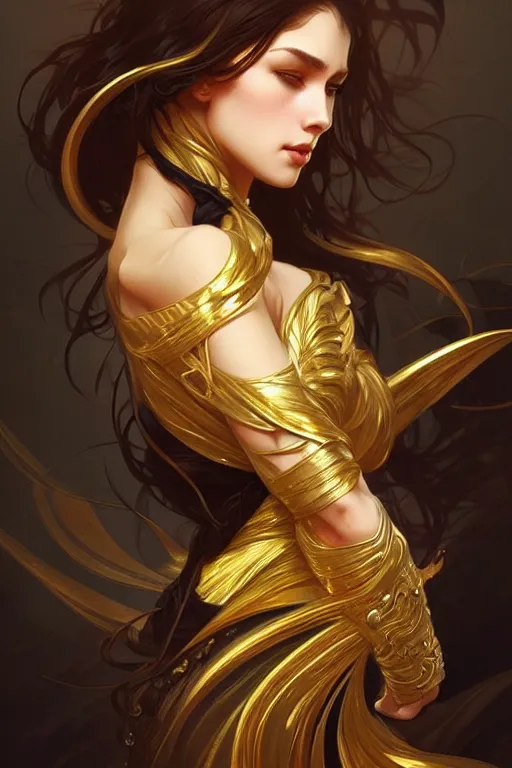 Image similar to gold, dark fantasy, intricate, elegant, highly detailed, digital painting, artstation, concept art, matte, sharp focus, illustration, art by artgerm and alphonse mucha