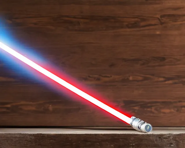 Image similar to a photograph of a lightsaber on a wooden table, very detailed, high definition,