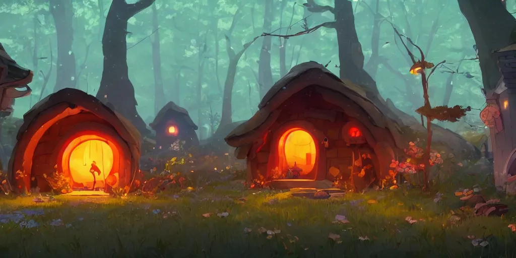 Image similar to small hobbit mushroom houses, red, by cory loftis & akihiko yoshida & james gilleard & atey ghailan & makoto shinkai & goro fujita & studio ghibli, rim light, exquisite lighting, clear focus, magic atmosphere, lights, night, very coherent, plain background, soft painting, photorealistic, unreal engine 5, 4 k