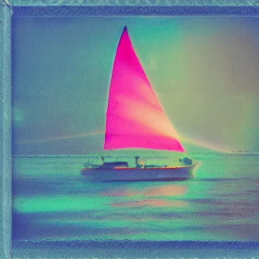 Image similar to a high fidelity pastel coloured Polaroid of a pink sail boat at sea, rainbow, volumetric light, god rays