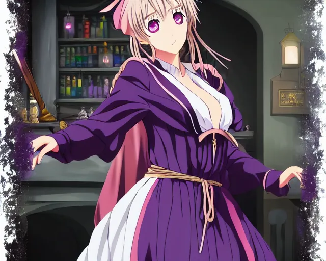 Image similar to key anime visual portrait of a young female witch purple feathered robe in a tavern interior, dynamic pose, dynamic perspective, cinematic, dramatic lighting, muted colors, fine detail, textured, big detailed eyes, anatomical proportions