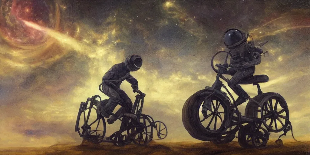 Prompt: creepy oil painting of an astronaut riding a bigwheel. epic lighting.