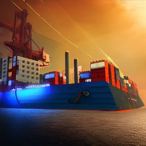 Image similar to photo of Immense industrial futuristic cargo ship arrives at cyber punk city sea port, cinematic lighting, photo