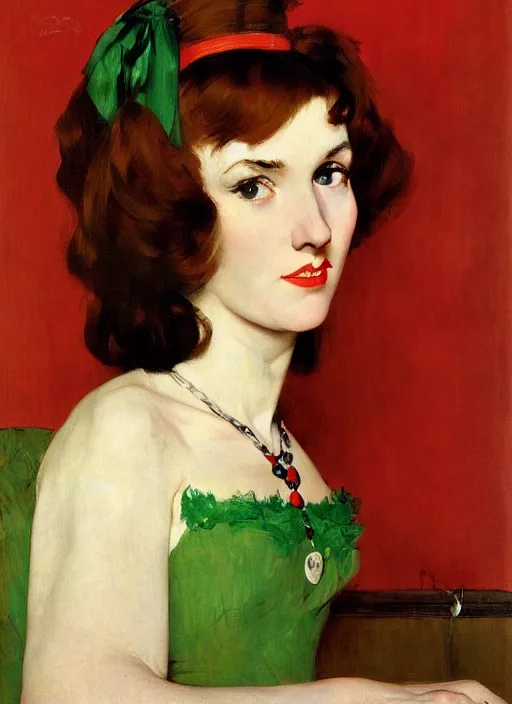 Prompt: a portrait of a woman straight long red hair big nose and big sad green eyes vibrant color scheme, intricately detailed, in the style of 1 9 6 0. artstation, manet norman rockwell