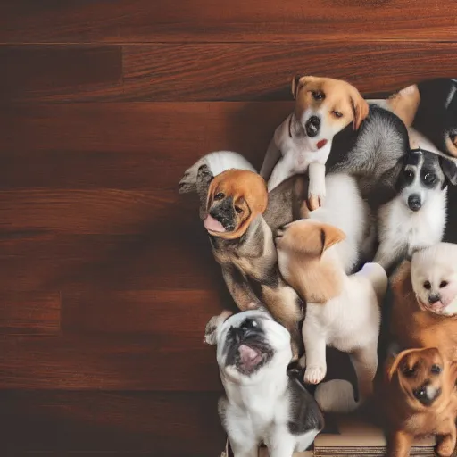 Image similar to an open cardboard box on a wooden floor filled with puppies, top view, dslr photo