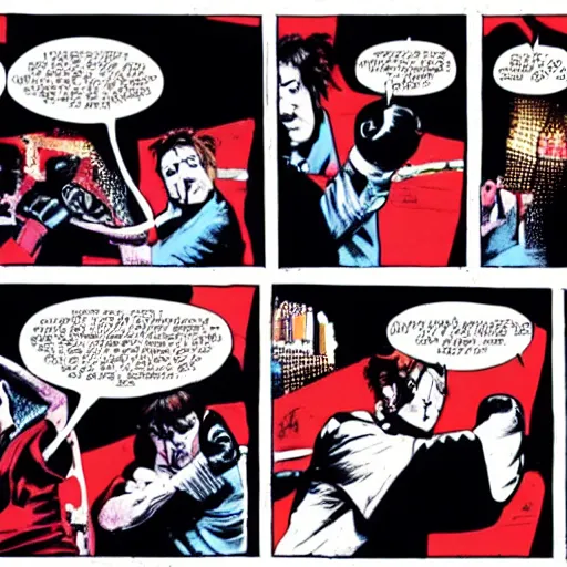 Image similar to bill hicks punching the camera wearing boxing gloves in comic book style