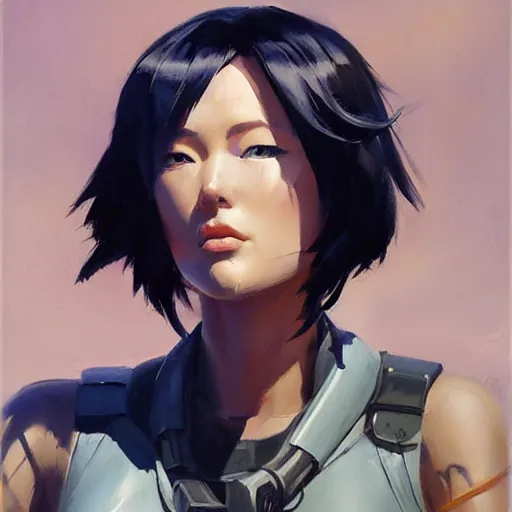 Image similar to greg manchess portrait painting of motoko kusanagi showing cybernetic parts of her body, medium shot, asymmetrical, profile picture, organic painting, sunny day, matte painting, bold shapes, hard edges, street art, trending on artstation, by huang guangjian and gil elvgren and sachin teng