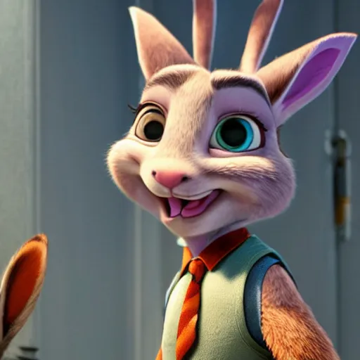 Image similar to Judy Hopps, the rabbit police officer from Zootopia, interrogating Hannibal Lecter from Silence of the Lambs, mashup, 4k movie still