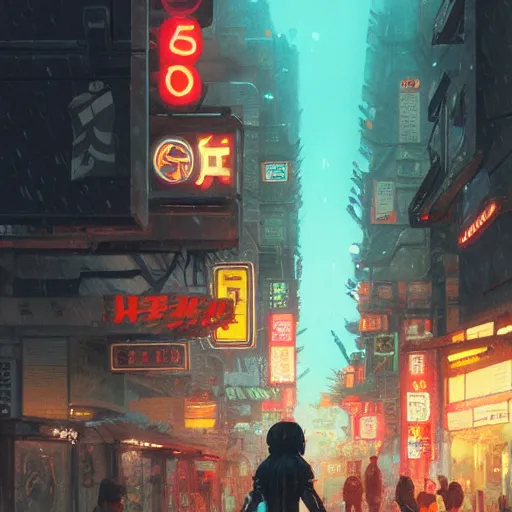 Image similar to cyborg caveman on the streets of tokyo, with neon lights, while it's raining, stephen bliss, unreal engine, fantasy art by greg rutkowski, loish, rhads, ferdinand knab, makoto shinkai, ilya kuvshinov, rossdraws, global illumination, radiant light, detailed and intricate environment