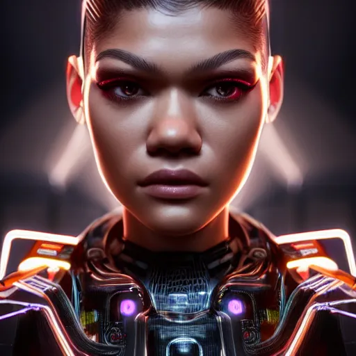 Prompt: full-length portrait of beautiful cyber beautiful Zendaya, cyberpunk, close-up, photorealistic, octane render, 35mm, beautiful big symmetric eyes, coherent, 4k, Unreal Engine, intricate details, concept art, volumetric lighting, trending or artstation, award winning, beautiful scenery, ray tracing