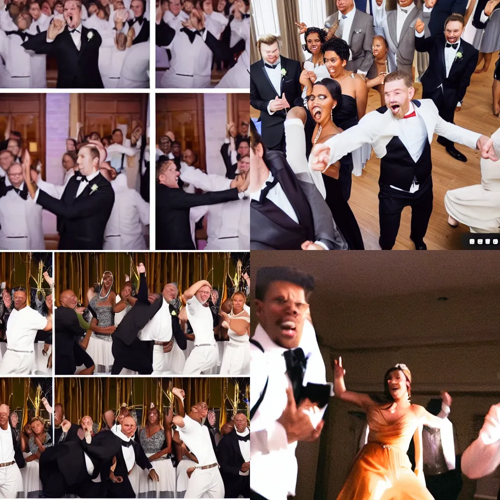 Prompt: photorealistic still of white man desperately trying to fit in at a predominantly black wedding by doing the whip and nae nae and failing miserably.