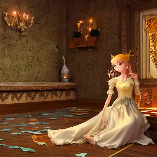 Image similar to a pleasant, beautiful, funny, smooth 3D CG render, semirealistic anime style, a noble priestess magician princess girl wearing dress and jewelry, in a glorious magic kingdom with castle and walls, relaxing calm vibes, fairytale