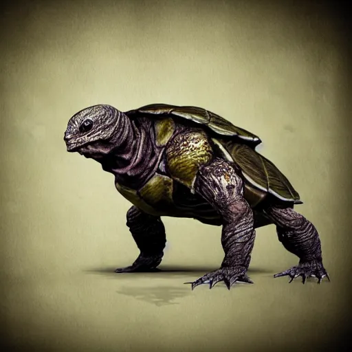 Image similar to elden ring, dark souls, humanoid turtle monster, photorealistic, grimdark, gruesome, full height, front and side view