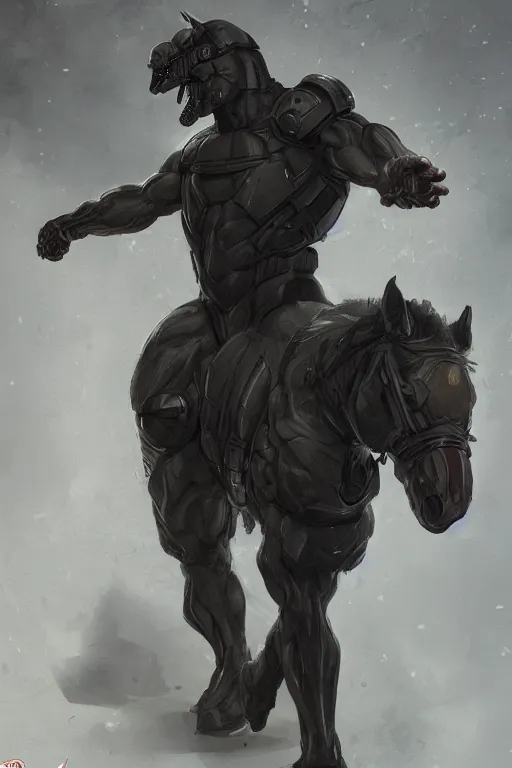 Image similar to a hulking muscular black - coated anthropomorphic horse wearing form - fitting tactical clothing, test subject supersoldier, in a research facility, game character, highly detailed, digital painting, artstation, concept art, illustration, art by artgerm, greg rutkowski, wlop