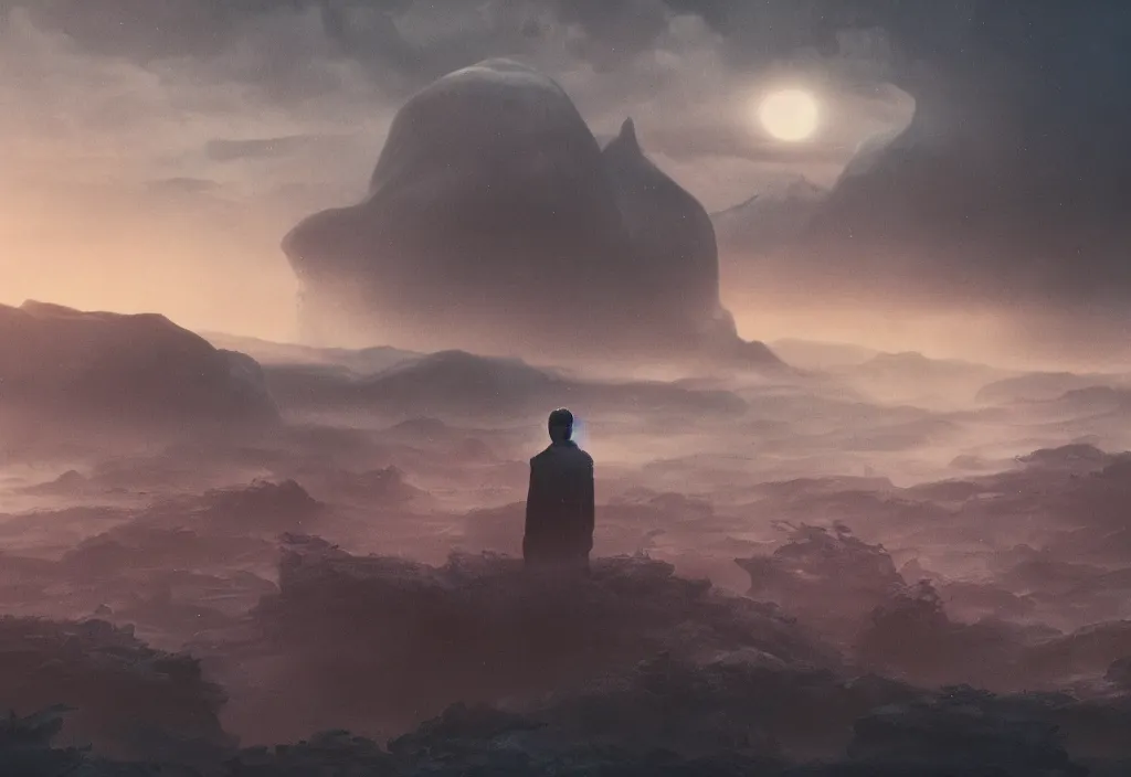 Image similar to a dramatic epic ethereal stunning beautiful and insanely detailed matte painting of a Blade Runner movie still, a small silhouette contemplates the landscape, atmospheric and vaporwave composition, digital art by Kilian Eng and Jean Giraud, winning-award masterpiece, fantastic, octane render, 8K HD Resolution, High quality image