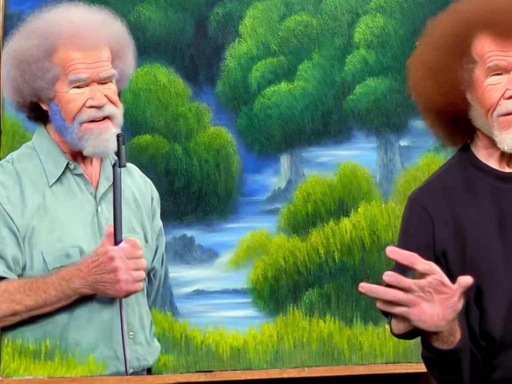 Image similar to old!!!! bob ross is sad and angry and yelling!!! at a huge painting of nature by bob ross