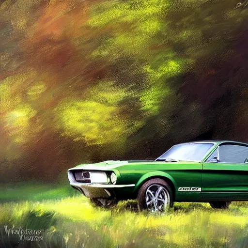 Image similar to green 1967 Ford Mustang GT, Swedish countryside, freedom, dawn, beautiful woman, atmospheric, painting by Vladimir Volegov