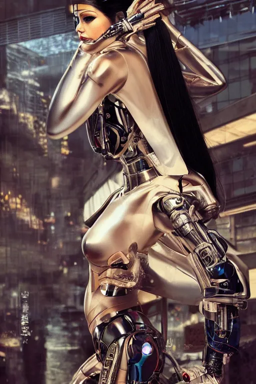 Image similar to Photorealistic illustration, full body geisha cyborg balanciaga fashion show , with fashion clothe, six digital eyes by sorayama , cyberpunk 2077, sci-fi, futuristic, intricate, elegant, highly detailed, digital painting, artstation, concept art, smooth, sharp focus, art by artgerm, greg rutkowski and alphonse mucha