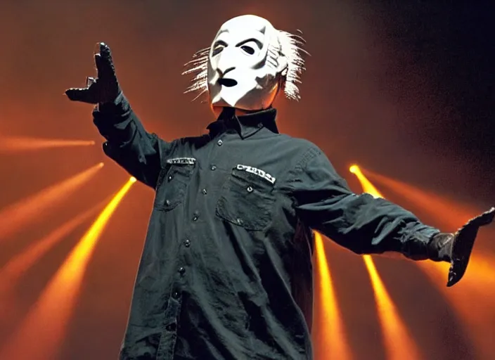 Image similar to publicity photo still of larry david wearing a slipknot mask touring with slipknot live on stage, 8 k, live concert lighting, mid shot