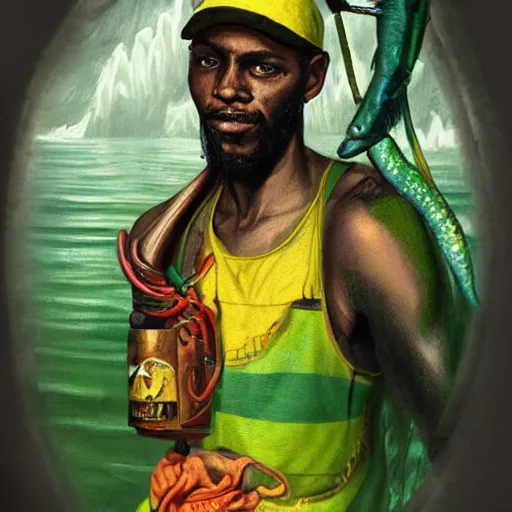 Image similar to Fisherman, Jamaican, Illustration, Third-Person View, Depth of Field, Colorful with Yellow Green Black Red, insanely detailed and intricate, hypermaximalist, jamaican vibe, hyper realistic, super detailed, by Charlie Bowater, by Karol Bak