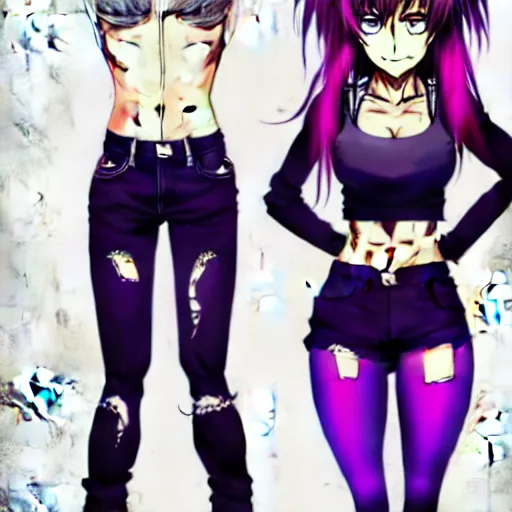 Image similar to style of madhouse studio anime, black lagoon manga, loish, artgerm, comic art, portrait of revy from black lagoon, symmetrical eyes and symmetrical face, jean shorts, white tank top, purple hair, sarcastic evil smirk on face, sky and ocean background