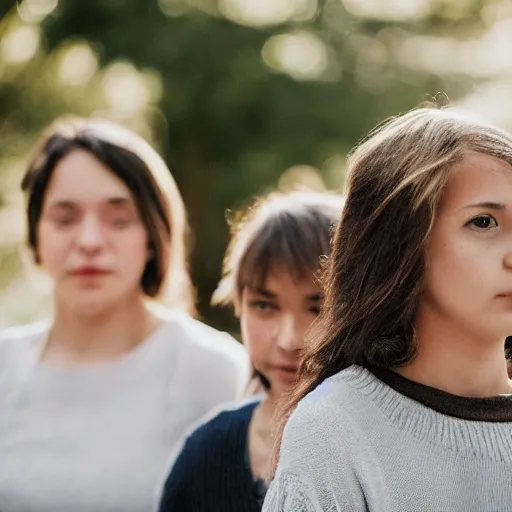 Prompt: , a young girl, a teen, a woman and a grandma post for a photo 5 0 mm lens, f 1. 4, sharp focus, ethereal, emotionally evoking, head in focus, volumetric lighting, blur dreamy outdoor,