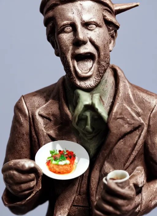 Image similar to Tom Waits eating a miniature Statue of Liberty on a plate in a restaurant, color photograph portrait 4k