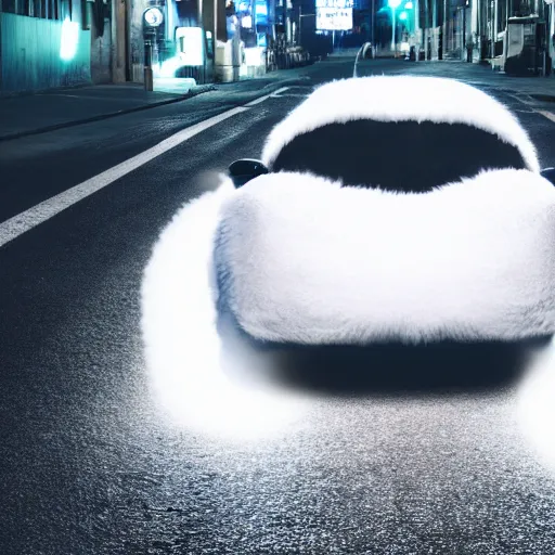 Prompt: a fluffy roadster covered with white fur and looked like a cat, parking in the street, Cyberpunk, neon light, front view, 4k, hd, highly detailed