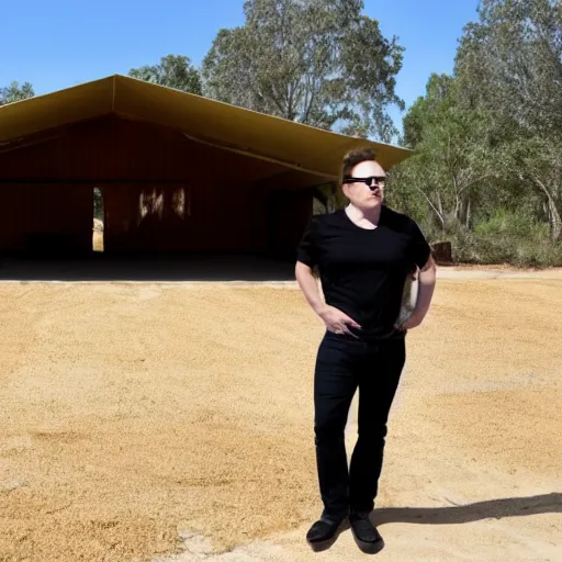 Prompt: Elon musk standing in front of a Barndominium, large metal home