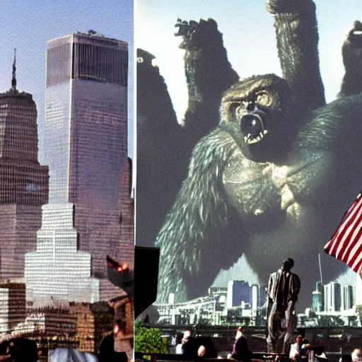 Image similar to george w bush as king kong fighting osama bin ladin as godzilla in front of the world trade centers with two airplanes in the sky