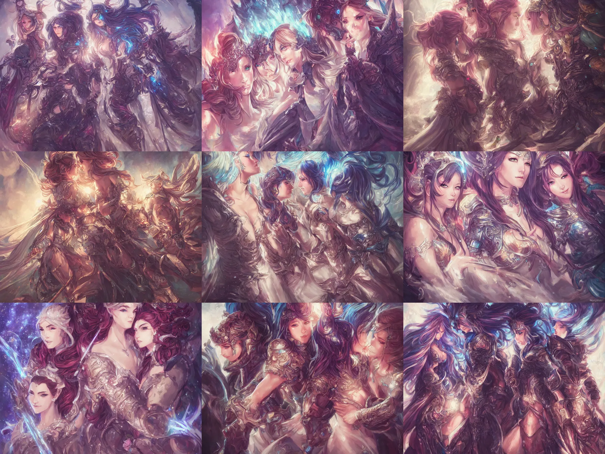 Prompt: wedding picture of cryomancer and paladin, high fantasy, colorful, lesbians, highly detailed faces, high details, ornamental, exquisite, sharp focus, by rossdraws