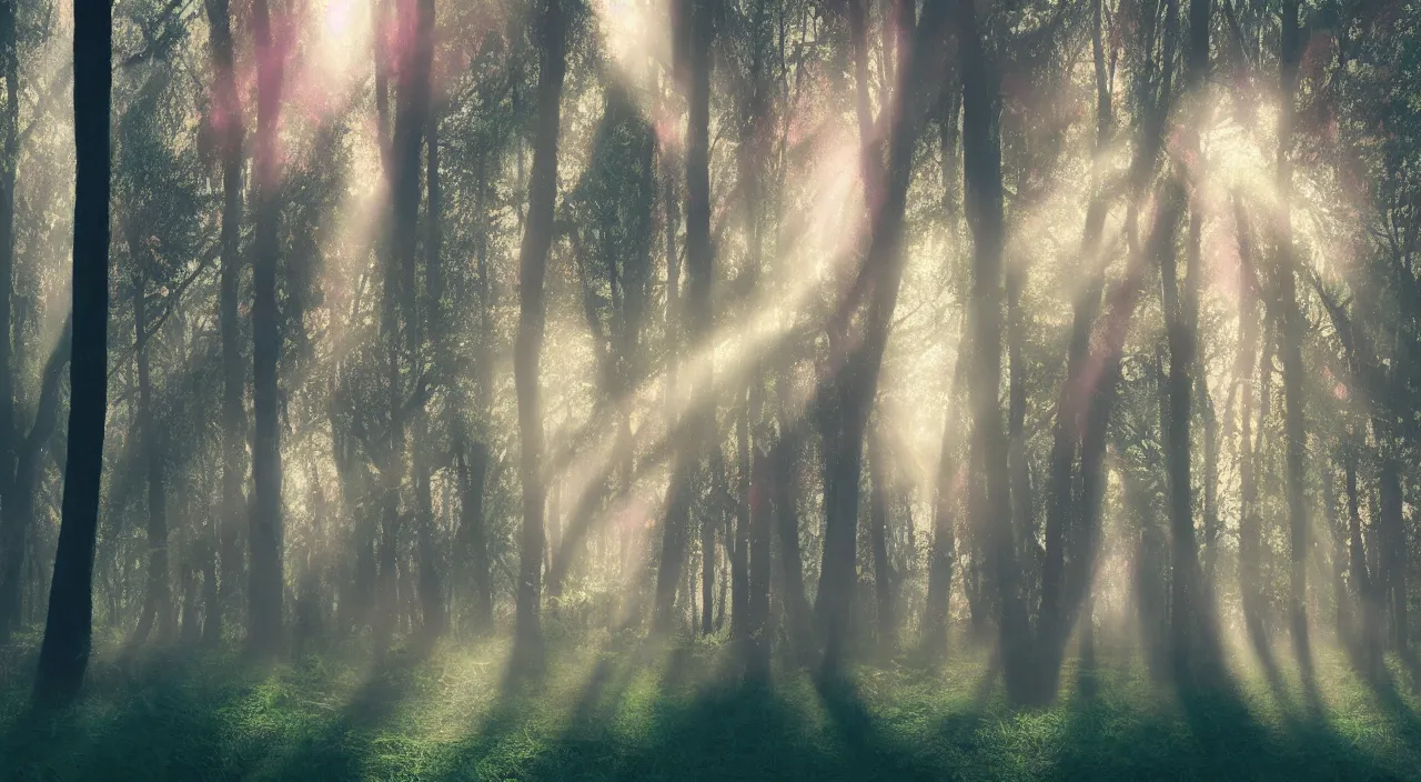 Image similar to forest mist sun beams mysterious scary deep dark hyper realistic detailed photorealistic octane render 4 k 8 k magenta teal