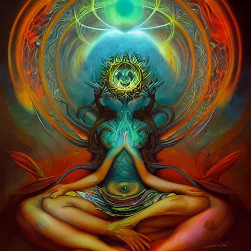 Prompt: psychedelic ayahuasca artwork of esao andrews frank peter mohrbacher, energy body, sacred geometry, esoteric art, divinity, detailed, magic the gathering art