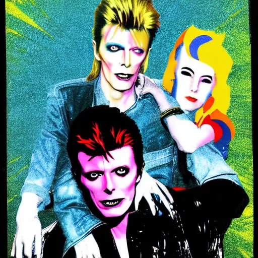 Image similar to david bowie from china girl getting a piggy back ride from ziggy stardust, digital art, glam rock. pop art background.