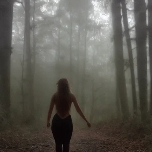 Image similar to Siren Head walking through the woods. Foggy. Dimly lit. Eerie. Spooky.