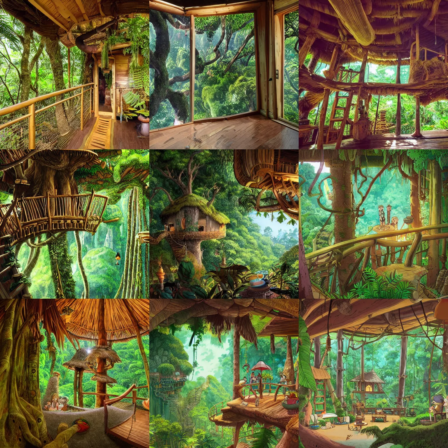 Prompt: wide angle shot of cozy treehouse interior looking over jungle with ancient city, highly detailed, art style studio ghibli