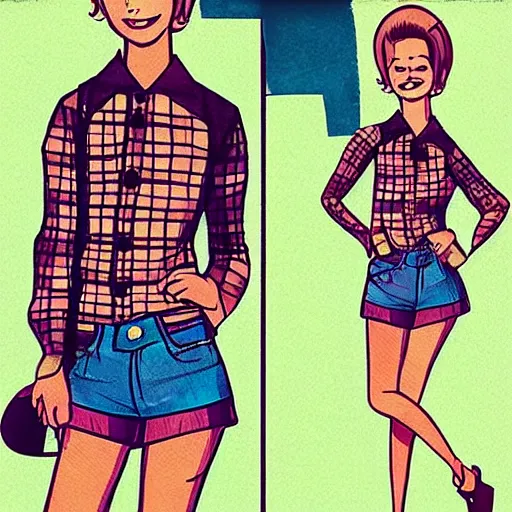 Image similar to 6 0 s style cartoon art cute girl wearing plaid shirt and jean shorts, she is grinning